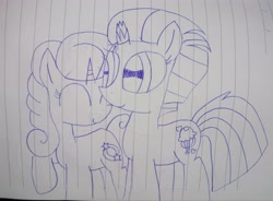 Size: 3827x2819 | Tagged: safe, artist:徐詩珮, imported from derpibooru, fizzlepop berrytwist, glitter drops, tempest shadow, pony, unicorn, broken horn, female, glittershadow, horn, lesbian, lineart, lined paper, mare, shipping, traditional art