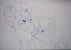Size: 3984x2799 | Tagged: safe, artist:徐詩珮, imported from derpibooru, fizzlepop berrytwist, glitter drops, tempest shadow, pony, unicorn, broken horn, female, glittershadow, horn, lesbian, lineart, lined paper, mare, shipping, traditional art
