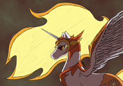 Size: 1000x700 | Tagged: safe, artist:samsx22, imported from derpibooru, daybreaker, alicorn, pony, abstract background, armor, fangs, female, helmet, jewelry, looking back, mare, regalia, solo, spread wings, wing armor, wings