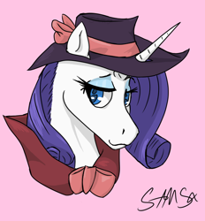 Size: 650x700 | Tagged: safe, artist:samsx22, imported from derpibooru, rarity, horse, pony, unicorn, bow, bust, clothes, detective rarity, female, hat, hoers, lidded eyes, looking sideways, mare, pink background, simple background, solo