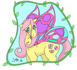 Size: 1100x1000 | Tagged: safe, artist:samsx22, imported from derpibooru, fluttershy, butterfly pony, flutter pony, pony, abstract background, butterfly wings, female, floppy ears, fluffy, flutterfly, looking at you, mare, race swap, solo, stray strand, wings