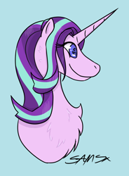 Size: 700x950 | Tagged: safe, artist:samsx22, imported from derpibooru, starlight glimmer, pony, unicorn, blue background, bust, chest fluff, eye clipping through hair, female, fluffy, mare, simple background, smiling, solo