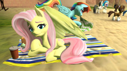 Size: 1280x720 | Tagged: safe, artist:zsnowfilez, imported from derpibooru, dj pon-3, fluttershy, octavia melody, rainbow dash, vinyl scratch, oc, pony, 3d, beach, prone