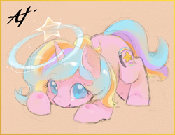 Size: 2475x1914 | Tagged: safe, artist:alts-art, imported from derpibooru, oc, oc only, oc:oofy colorful, pony, unicorn, cute, face down ass up, female, horn, magic, mare, multicolored hair, multicolored tail, orange background, signature, simple background, sketch, solo, stars