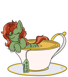 Size: 1688x1905 | Tagged: safe, artist:teabucket, artist:thewindking, imported from derpibooru, oc, oc only, oc:withania nightshade, earth pony, plant pony, pony, bathing, cup, cup of pony, food, micro, simple background, solo, steam, tea, teacup, transparent background