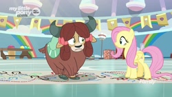 Size: 1280x720 | Tagged: safe, imported from derpibooru, screencap, fluttershy, yona, pegasus, pony, yak, she's all yak, bow, cloven hooves, dance lesson, dancing, female, hair bow, mare, monkey swings