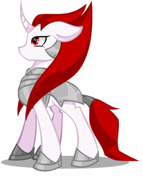 Size: 1024x1268 | Tagged: safe, artist:marly-kaxon, imported from derpibooru, oc, oc only, oc:crimson lance, pony, unicorn, armor, curved horn, female, floppy ears, horn, mare, simple background, solo, white background