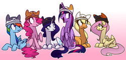 Size: 1884x898 | Tagged: safe, artist:anyazen, artist:bonpikabon, imported from derpibooru, applejack, fluttershy, pinkie pie, rainbow dash, rarity, twilight sparkle, alicorn, cat, earth pony, pegasus, pony, unicorn, beanie, cute, dashabetes, diapinkes, female, freckles, hat, jackabetes, mane six, mare, neko atsume, open mouth, raised hoof, raribetes, shyabetes, twiabetes, twilight sparkle (alicorn)