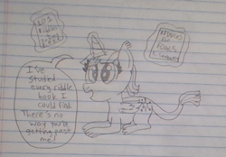 Size: 612x427 | Tagged: safe, artist:nightshadowmlp, imported from derpibooru, twilight sparkle, alicorn, sphinx, book, dialogue, glowing horn, horn, implied cheese sandwich, implied pinkie pie, lined paper, species swap, sphinxified, traditional art, twilight sparkle (alicorn)