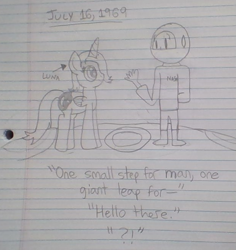 Size: 619x656 | Tagged: safe, artist:nightshadowmlp, imported from derpibooru, princess luna, alicorn, human, pony, astronaut, exclamation point, interrobang, lined paper, luna and the nauts, moon, moon landing, question mark, s1 luna, sweatdrop, text, traditional art