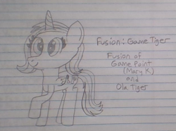 Size: 623x463 | Tagged: safe, artist:nightshadowmlp, imported from derpibooru, oc, oc:game point, oc:ola tiger, alicorn, alicorn oc, female, fusion, fusion:game tiger, lined paper, mare, text, traditional art