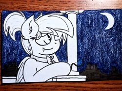 Size: 2560x1920 | Tagged: safe, artist:thebadbadger, imported from derpibooru, oc, oc:altered karbon, oc:midnight storm, bat pony, pony, bowtie, female, glasses, mare, moon, traditional art