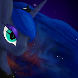 Size: 2000x2000 | Tagged: safe, artist:tunrae, imported from derpibooru, princess luna, alicorn, pony, ethereal mane, female, galaxy mane, mare in the moon, moon, nebula, simple background, solo