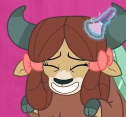 Size: 410x380 | Tagged: safe, imported from derpibooru, screencap, yona, yak, she's all yak, bow, brush, cloven hooves, cropped, cute, female, fit right in, hair bow, implied rarity, magic, monkey swings, offscreen character, powder brush, smiling, solo, telekinesis, yonadorable
