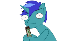 Size: 1280x720 | Tagged: safe, imported from derpibooru, oc, oc:cloudybrony, pony, unicorn, chocolate bar, fanfic art, milkyway, poker face, pokerface