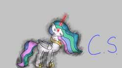 Size: 1920x1080 | Tagged: safe, artist:c.s., idw, imported from derpibooru, princess celestia, alicorn, pony, reflections, spoiler:comic, amulet, celestia is not amused, dark magic, evil, evil celestia, evil counterpart, evil grin, female, glowing horn, grin, horn, jewelry, magic, mirror universe, missing accessory, smiling, solo, unamused