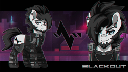 Size: 3840x2160 | Tagged: safe, artist:ciderpunk, imported from derpibooru, oc, oc only, oc:blackout, cyborg, pony, amputee, clothes, cutie mark background, cyberpunk, facial hair, futuristic, prosthetic leg, prosthetic limb, prosthetics, robotic legs, solo