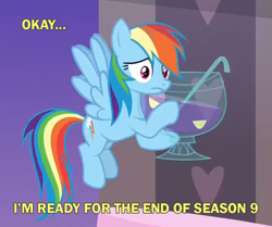 Size: 828x691 | Tagged: safe, edit, edited screencap, imported from derpibooru, screencap, rainbow dash, pony, she's all yak, cropped, end of ponies, female, implied drinking, in-universe pegasister, punch (drink), punch bowl, solo