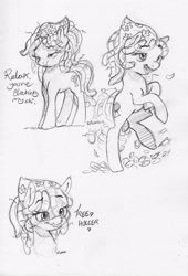 Size: 2281x3347 | Tagged: safe, artist:dilarus, deleted from derpibooru, imported from derpibooru, tree hugger, earth pony, pony, bandana, dialogue, dreadlocks, female, huggerbetes, mare, monochrome, open mouth, simple background, singing, traditional art, white background