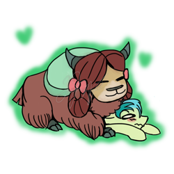 Size: 1280x1280 | Tagged: safe, artist:musicsketcher329, imported from derpibooru, sandbar, yona, earth pony, pony, yak, she's all yak, blushing, bow, cloven hooves, cuddling, cute, eyes closed, female, floppy ears, hair bow, heart, interspecies, male, monkey swings, obtrusive watermark, on top, prone, sandabetes, shipping, signature, simple background, sitting on, sitting on person, sitting on pony, smiling, straight, stuck, teenager, watermark, wavy mouth, white background, yonabar, yonadorable