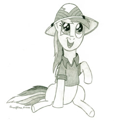 Size: 900x953 | Tagged: safe, artist:peruserofpieces, imported from derpibooru, daring do, rainbow dash, pegasus, pony, clothes, cosplay, costume, cute, dashabetes, female, folded wings, hat, mare, newbie artist training grounds, pencil drawing, raised hoof, safari hat, shirt, simple background, smiling, solo, traditional art, wings