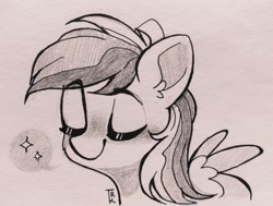 Size: 2048x1550 | Tagged: safe, artist:trickate, imported from derpibooru, rainbow dash, pegasus, pony, bust, eyes closed, female, monochrome, portrait, sketch, solo, traditional art