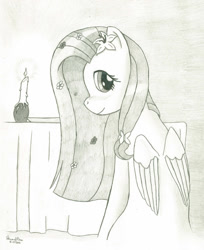 Size: 1024x1256 | Tagged: safe, artist:peruserofpieces, imported from derpibooru, fluttershy, pegasus, pony, ambigious shipping, bronybait, candle, candlelight, clothes, date, description is relevant, dinner, dinner date, dress, female, first date, first person view, flower, flower in hair, folded wings, hairclip, implied lesbian, implied shipping, implied straight, mare, newbie artist training grounds, offscreen character, pencil drawing, pov, profile, shy, simple background, smiling, solo, table, table cloth, tablecloth, traditional art, turned away, wings