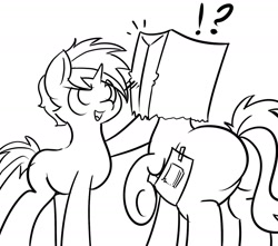 Size: 1700x1500 | Tagged: safe, artist:thecoldsbarn, imported from derpibooru, oc, oc:cold dream, oc:paper bag, pony, butt, fat ass, monochrome, paper bag, plot, sketch