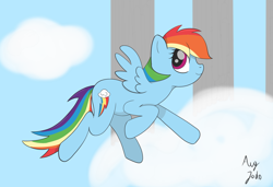 Size: 1500x1024 | Tagged: safe, artist:augjodo, imported from derpibooru, rainbow dash, pegasus, pony, digital art, female, flying, looking back, mare