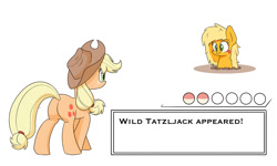 Size: 1280x768 | Tagged: safe, artist:heir-of-rick, imported from derpibooru, applejack, earth pony, monster pony, original species, pony, tatzlpony, daily apple pony, butt, duality, female, hidden cane, mare, plot, pokémon, pokémon battle, simple background, species swap, tatzljack, white background