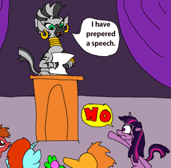 Size: 805x793 | Tagged: safe, artist:vinny van yiffy, imported from derpibooru, spike, twilight sparkle, zecora, dragon, pony, unicorn, zebra, bracelet, curse you rhyming, ear piercing, earring, female, jewelry, male, mare, necklace, paper, piercing, podium, quadrupedal, solo, speech, stallion