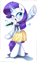 Size: 2560x4237 | Tagged: safe, artist:maren, imported from derpibooru, rarity, pony, semi-anthro, unicorn, bipedal, clothes, cute, female, glasses, glowing horn, headset, horn, idol, levitation, magic, mare, microphone, moe, music notes, one eye closed, open mouth, raribetes, shirt, simple background, singing, skirt, solo, standing, telekinesis, underhoof, white background, wink