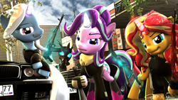 Size: 3840x2160 | Tagged: safe, artist:calveen, artist:whiteskyline, imported from derpibooru, starlight glimmer, sunset shimmer, trixie, changeling, unicorn, 3d, ak-47, ak-74, assault rifle, bmw, bmw 7-series, bmw e38, car, counterparts, glowing horn, gun, horn, levitation, looking at you, magic, mercedes-benz, mercedes-benz s-class, mercedes-benz w140, rifle, sky, source filmmaker, telekinesis, twilight's counterparts, weapon