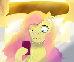 Size: 1335x1113 | Tagged: safe, artist:iokii, imported from derpibooru, fluttershy, pony, cellphone, female, lying down, music notes, phone, solo