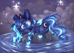 Size: 3508x2481 | Tagged: safe, artist:cutepencilcase, imported from derpibooru, princess luna, alicorn, pony, colored pupils, female, freckles, glow, glowing, night, solo, stars, unshorn fetlocks, water