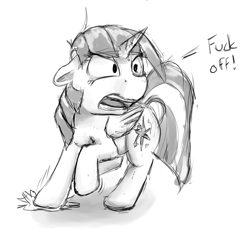 Size: 1684x1604 | Tagged: safe, artist:solarbutt, imported from derpibooru, twilight sparkle, alicorn, pony, angry, female, fuck off, grayscale, mare, monochrome, open mouth, solo, twilight sparkle (alicorn), vulgar