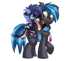 Size: 549x474 | Tagged: safe, artist:php69, artist:skaterpony, imported from derpibooru, part of a set, oc, oc only, oc:frosty, oc:styxus, bat pony, dragon, gem, hug, implied drinking, jewelry, male, necklace, piggyback ride