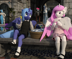 Size: 2400x2000 | Tagged: safe, artist:tahublade7, imported from derpibooru, princess celestia, princess luna, star swirl the bearded, alicorn, anthro, plantigrade anthro, 3d, basket, blue underwear, cewestia, clothes, colored wings, colored wingtips, cookie, daz studio, dress, female, filly, food, fountain, mary janes, panties, picnic basket, pink-mane celestia, robe, royal guard, schrödinger's pantsu, shoes, skirt, socks, underwear, upskirt, woona, young celestia, younger