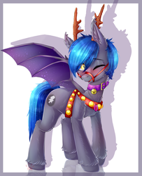 Size: 1848x2274 | Tagged: safe, artist:darksteel, imported from derpibooru, oc, oc only, oc:styxus, bat pony, pony, bat wings, blushing, clothes, collar, commission, cosplay, costume, gem, jewelry, male, necklace, one eye closed, reins, solo, wings, ych result