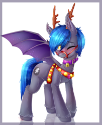 Size: 1848x2274 | Tagged: safe, alternate version, artist:darksteel, imported from derpibooru, oc, oc only, oc:styxus, bat pony, pony, bat wings, blushing, clothes, collar, commission, cosplay, costume, gem, jewelry, male, necklace, one eye closed, reins, solo, wings, ych result