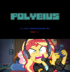 Size: 1920x1995 | Tagged: safe, edit, edited screencap, imported from derpibooru, screencap, fluttershy, sunset shimmer, equestria girls, equestria girls series, game stream, spoiler:eqg series (season 2), polybius, sunset shimmer frustrated at game, this will end in death, this will end in tears, this will end in tears and/or death, this will not end well