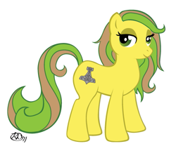 Size: 519x446 | Tagged: safe, artist:rachelled, imported from derpibooru, oc, oc only, oc:thunderjolt, pony, earthtones, female, hammer, mjölnir, norse, solo, war hammer, yellow