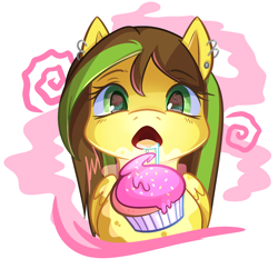 Size: 2200x2050 | Tagged: safe, artist:zombie, imported from derpibooru, oc, oc only, oc:thunderjolt, pegasus, pony, bolt, brown, cupcake, drool, earth, female, food, green, hungry, lightning, lip ring, piercing, solo, yellow