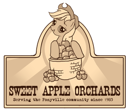 Size: 544x475 | Tagged: safe, artist:eruanna, imported from derpibooru, applejack, apple, basket, farm, food, sepia, sign, signage