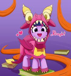 Size: 4501x4805 | Tagged: safe, artist:pabbley, imported from derpibooru, twilight sparkle, alicorn, pony, uncommon bond, :d, animal costume, board game, book, clothes, costume, cute, daaaaaaaaaaaw, dialogue, dragon costume, dragon pit, female, gradient background, happy, heart, looking at you, mare, open mouth, pabbley is trying to murder us, purple background, rawr, simple background, smiling, solo, sweet dreams fuel, twiabetes, twilight sparkle (alicorn), weapons-grade cute