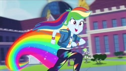 Size: 1280x720 | Tagged: safe, imported from derpibooru, screencap, cherry crash, mystery mint, rainbow dash, equestria girls, equestria girls series, run to break free, spoiler:eqg series (season 2), background human, backpack, canterlot high, clothes, female, geode of super speed, magical geodes, pants, rainbow, solo, statue