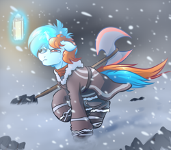 Size: 4000x3500 | Tagged: safe, artist:witchtaunter, imported from derpibooru, oc, oc only, oc:blue, pony, unicorn, axe, blizzard, commission, lantern, male, snow, snowfall, solo, stallion, weapon