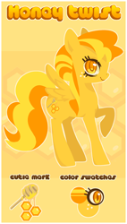 Size: 566x1000 | Tagged: safe, artist:mindmusic, imported from derpibooru, oc, oc:honey twist, bee, beekeeper, food, honey, honeycomb (structure), orange, reference