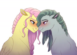 Size: 1600x1143 | Tagged: safe, artist:cascayd, imported from derpibooru, fluttershy, marble pie, earth pony, pegasus, pony, blushing, eye contact, female, lesbian, looking at each other, marbleshy, mare, shipping, simple background, smiling, white background