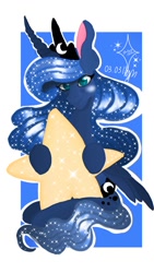 Size: 720x1280 | Tagged: safe, artist:galaxysultan, imported from derpibooru, princess luna, alicorn, pony, blue background, cute, ethereal mane, female, lunabetes, signature, simple background, smiling, solo, starry mane, stars, tangible heavenly object